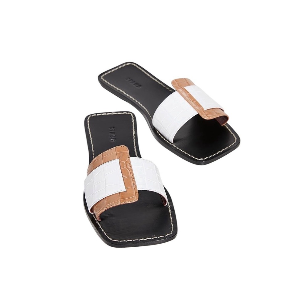 STAUD Amelie Square Toe Croc Embossed Leather Slide Sandals Sz 39 Resort Chic